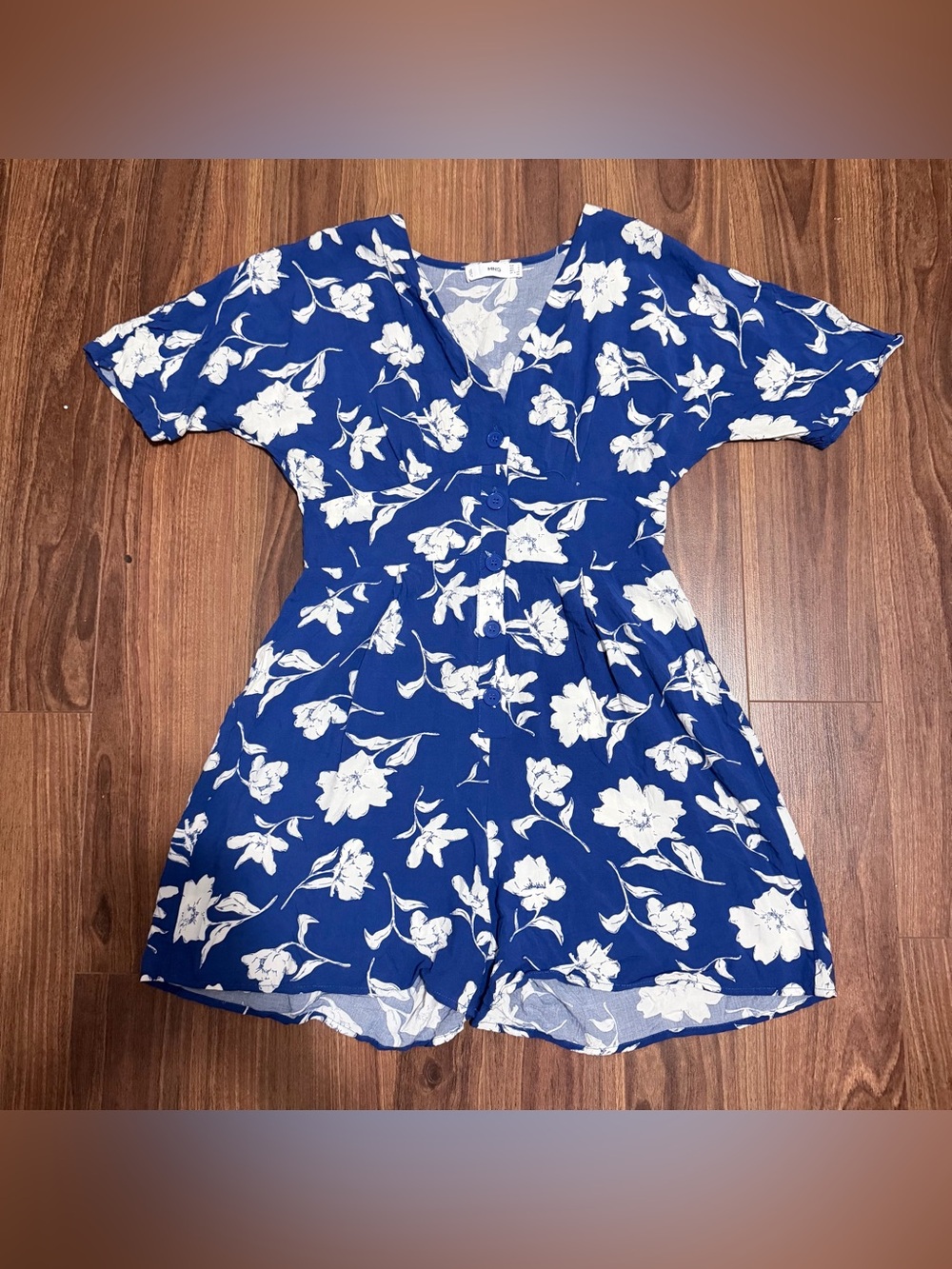 Mango Blue Floral V-Neck Romper with White Print
